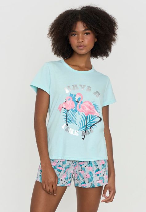 Pijama Mujer Corto Básico Aqua Flamencos Corona-0
