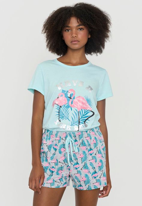 Pijama Mujer Corto Básico Aqua Flamencos Corona-2