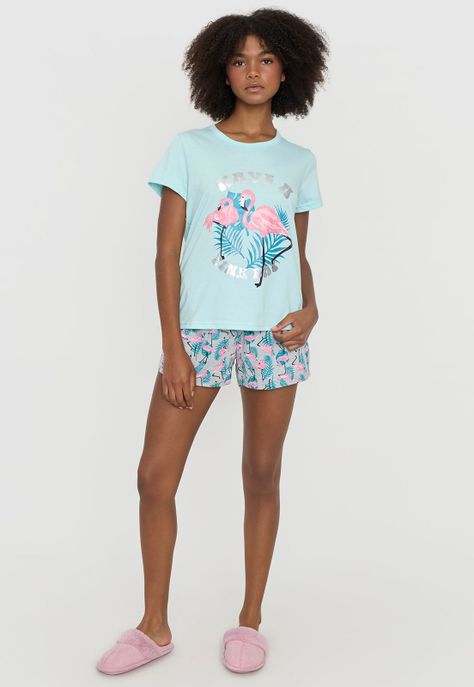 Pijama Mujer Corto Básico Aqua Flamencos Corona-3