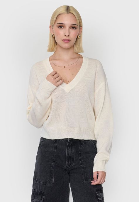 Sweater Mujer Cuello V Ecru Corona-0