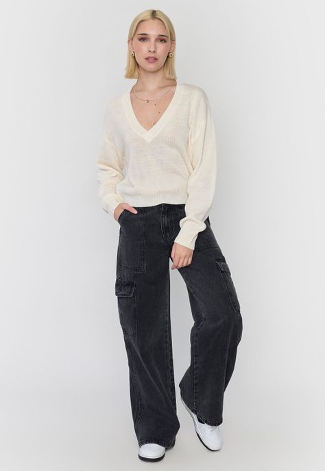 Sweater Mujer Cuello V Ecru Corona-3