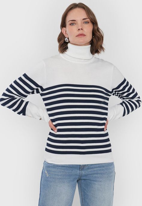 Sweater Mujer Cuello Alto Líneas Crudo Corona-0