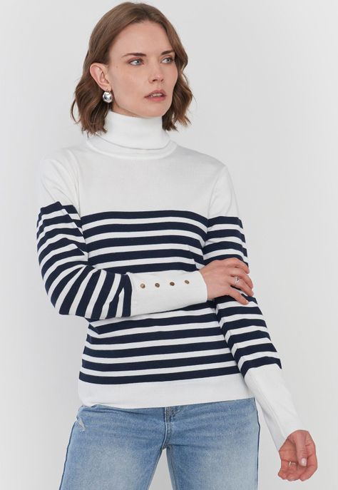Sweater Mujer Cuello Alto Líneas Crudo Corona-2
