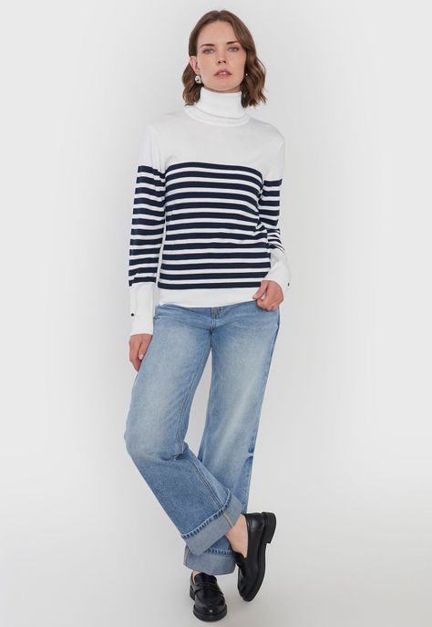 Sweater Mujer Cuello Alto Líneas Crudo Corona-3