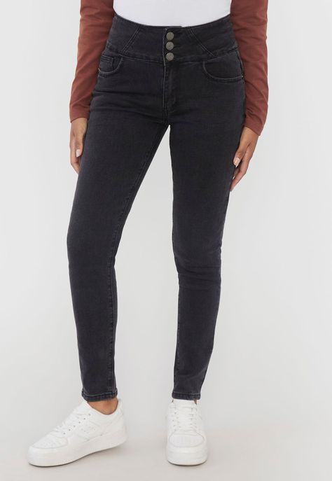 Jeans Mujer Skinny High Waist 3 Botones Negro Corona-0