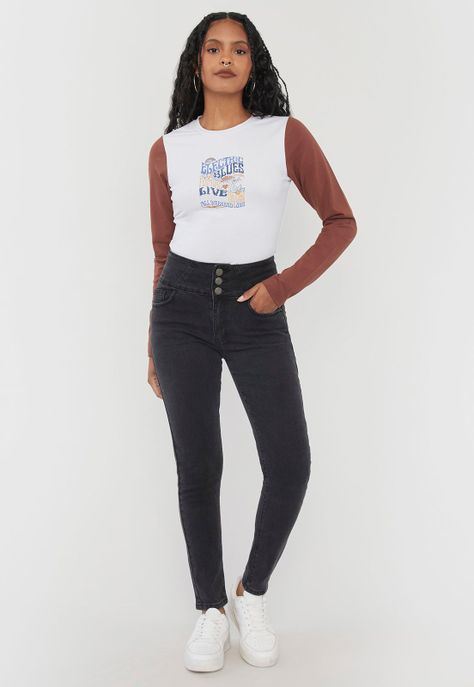 Jeans Mujer Skinny High Waist 3 Botones Negro Corona-3