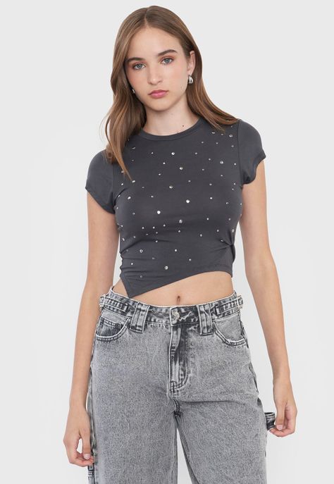 Polera Mujer Manga Corta Tachas Gris Corona-0