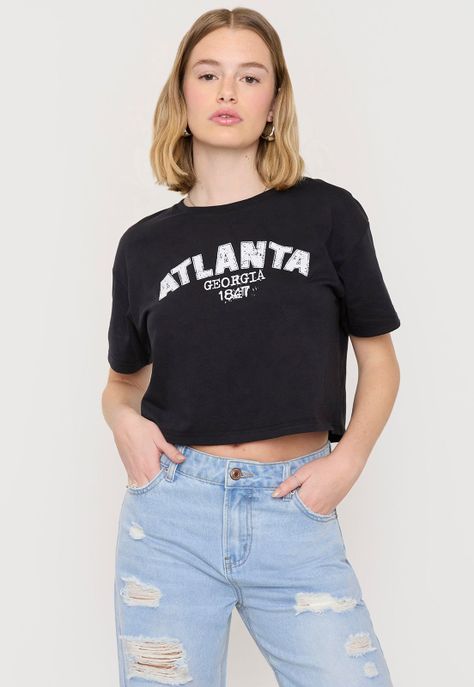 Polera Mujer Atlanta Fun Manga Corta Crop Negro Corona-0