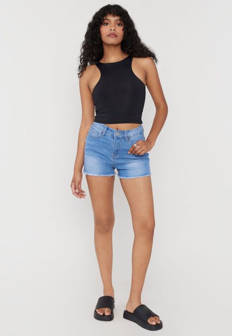 Short Mujer Mom Basta Cortada Azul Medio Corona-3