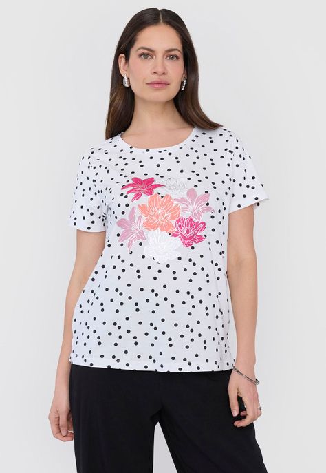Polera Mujer M/c Focal Print Flores Puntos Corona-0