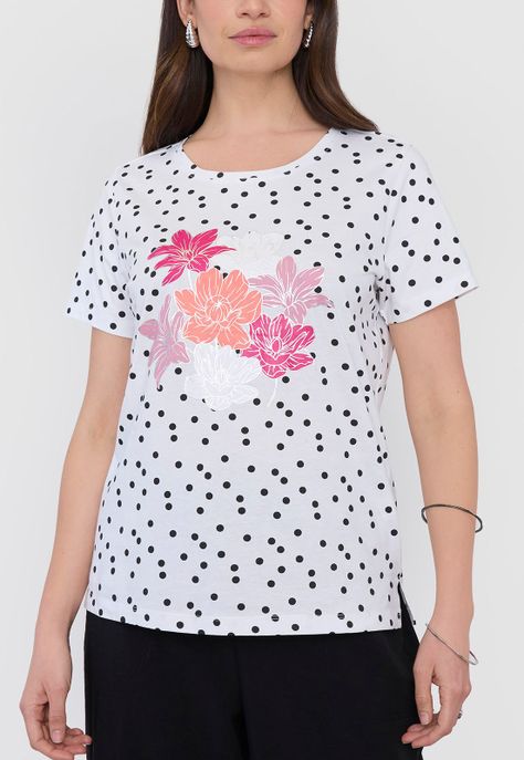 Polera Mujer M/c Focal Print Flores Puntos Corona-2