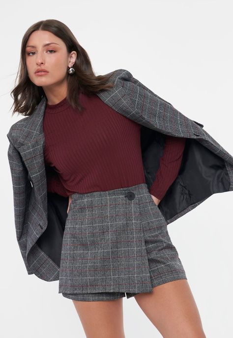 Skort Mujer Botón Gris Checks Corona-0