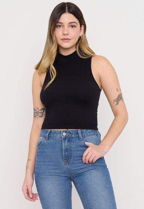 Polera Mujer Sin Mangas Cuello Moc Negro Corona-0