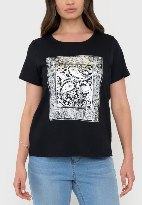 Polera Mujer Negra Focal Print M/C Corona-2