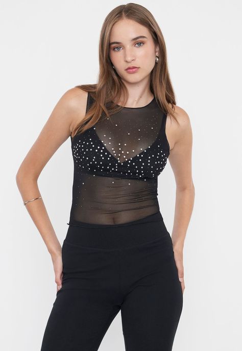 Polera Mujer Malla Brillos Negro Corona-0