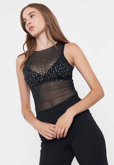 Polera Mujer Malla Brillos Negro Corona-2