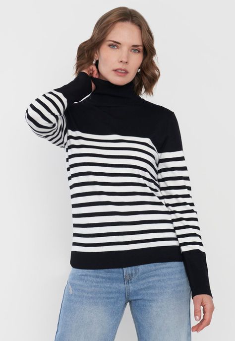 Sweater Mujer Cuello Alto Líneas Negro Corona-0