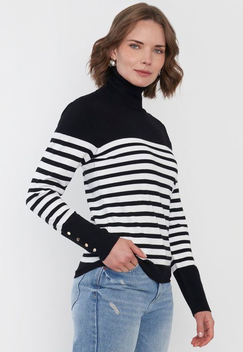 Sweater Mujer Cuello Alto Líneas Negro Corona-2