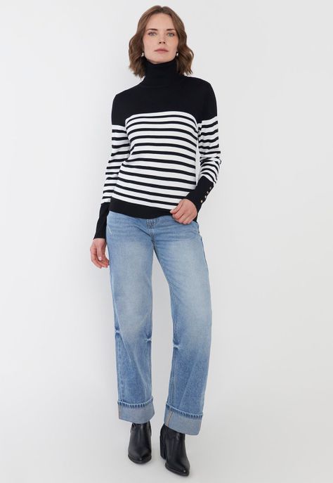 Sweater Mujer Cuello Alto Líneas Negro Corona-3