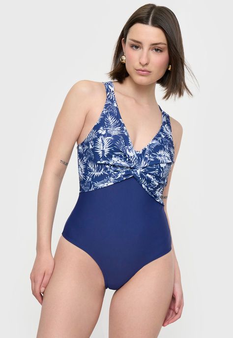 Traje De Baño Mujer Nudo Print Tropical Azul Corona-0