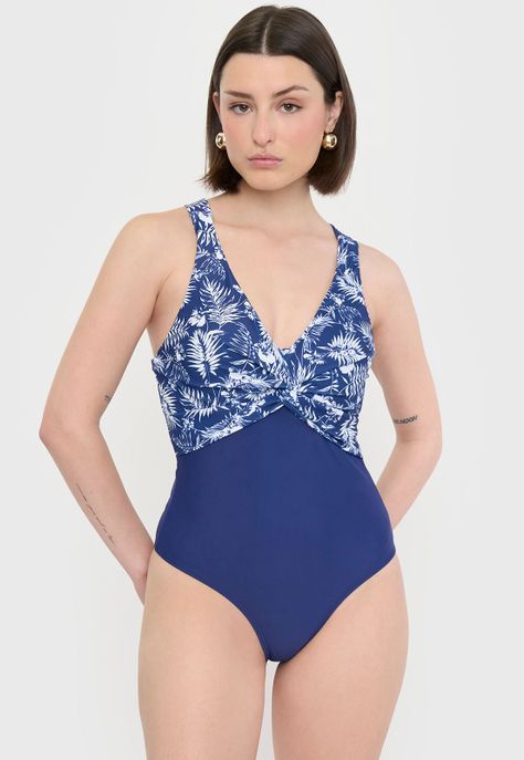 Traje De Baño Mujer Nudo Print Tropical Azul Corona-1