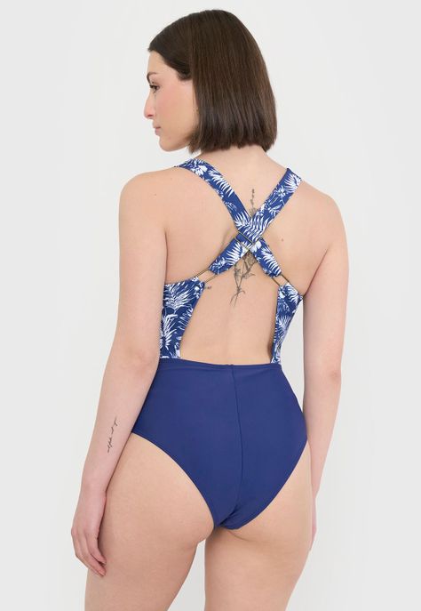 Traje De Baño Mujer Nudo Print Tropical Azul Corona-2
