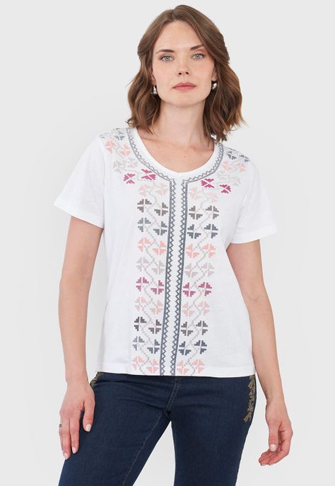 Polera Mujer Escote V Print Étnico Ecru Corona-0