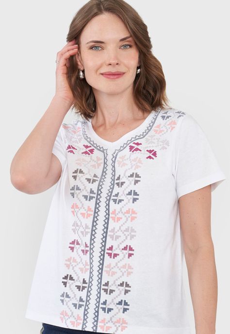 Polera Mujer Escote V Print Étnico Ecru Corona-2