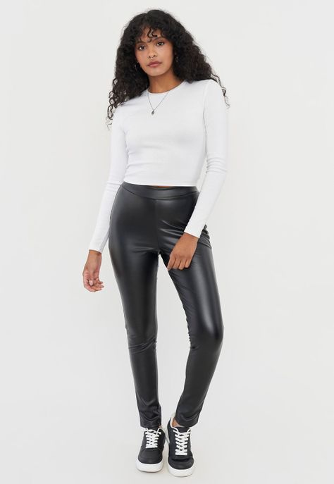 Calza Mujer Skinny Ecocuero Negro Corona-0