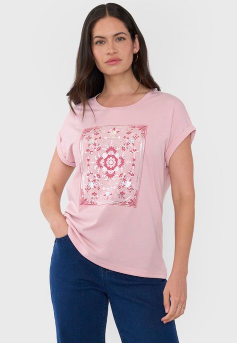 Polera Mujer M/C Focal Print Palo Rosa Corona-0