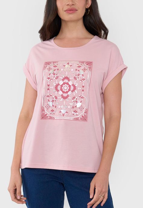 Polera Mujer M/C Focal Print Palo Rosa Corona-2