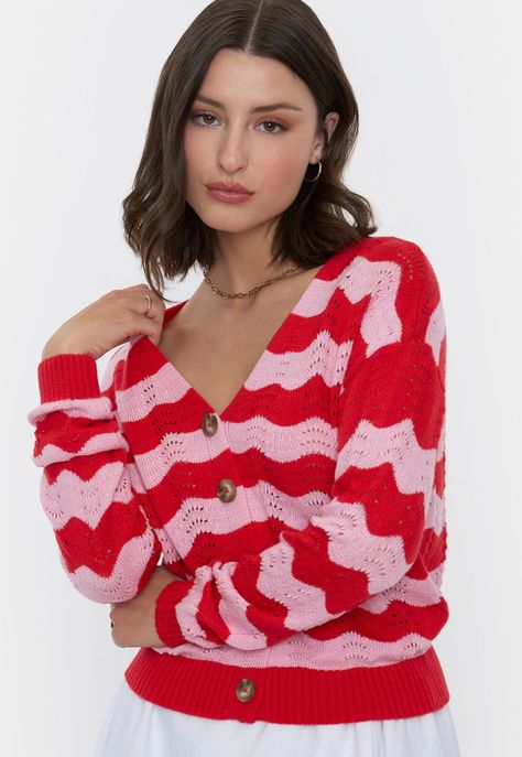 Cárdigan Mujer Rayas Rojo/Fucsia Corona-0