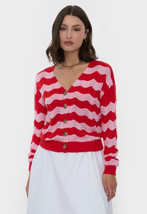 Cárdigan Mujer Rayas Rojo/Fucsia Corona-1