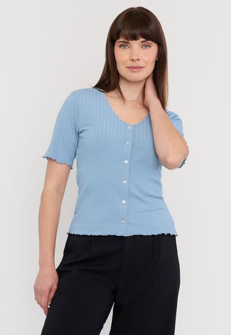 Polera Mujer Rib Botones Celeste Corona-0