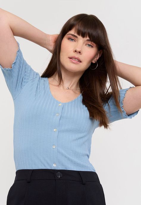 Polera Mujer Rib Botones Celeste Corona-2