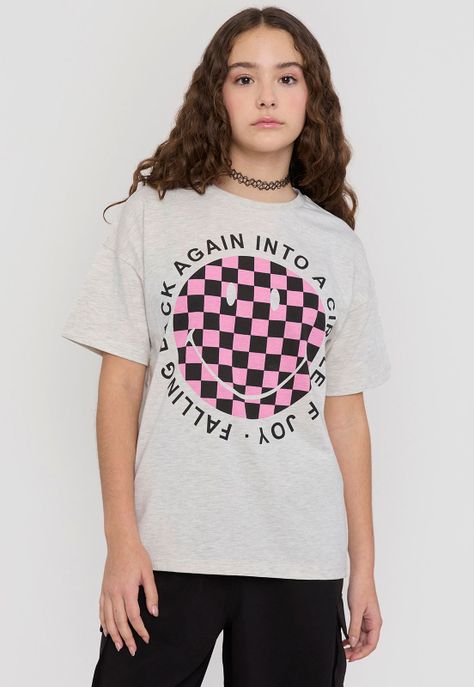 Polera Niña Teen Manga Corta Smiley Gris Melange Corona-0