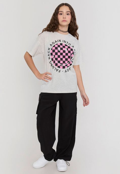Polera Niña Teen Manga Corta Smiley Gris Melange Corona-3