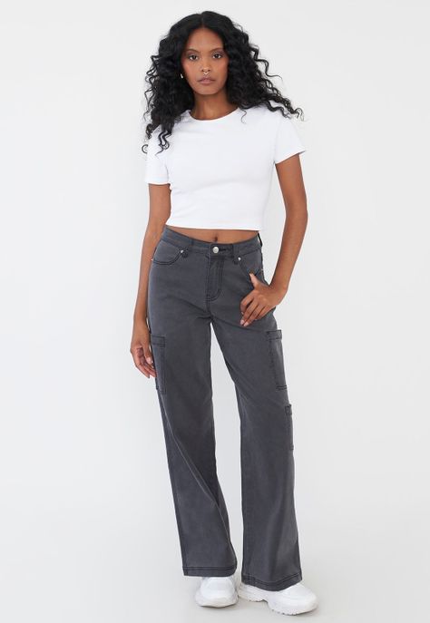 Jeans Mujer Cargo Straight Fit Gris Corona-0
