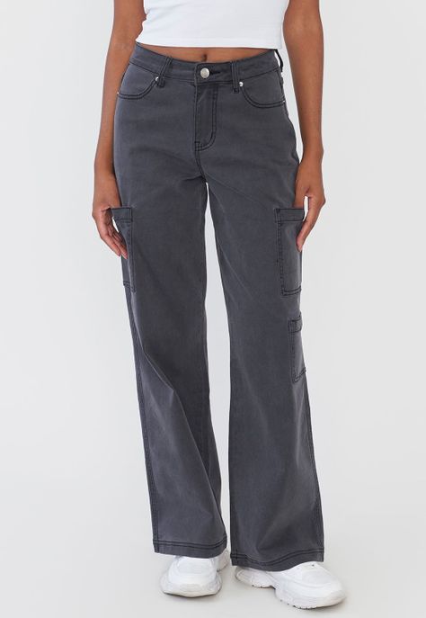 Jeans Mujer Cargo Straight Fit Gris Corona-1