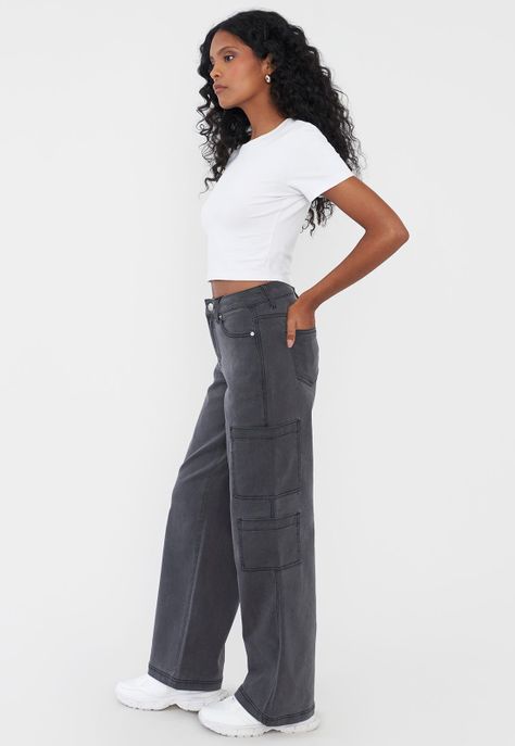 Jeans Mujer Cargo Straight Fit Gris Corona-3
