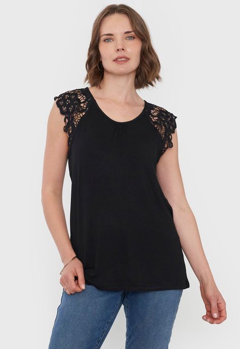 Polera Mujer Hombros Macramé Color Negro Corona-0