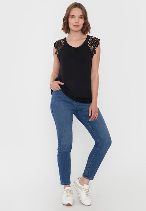 Polera Mujer Hombros Macramé Color Negro Corona-3