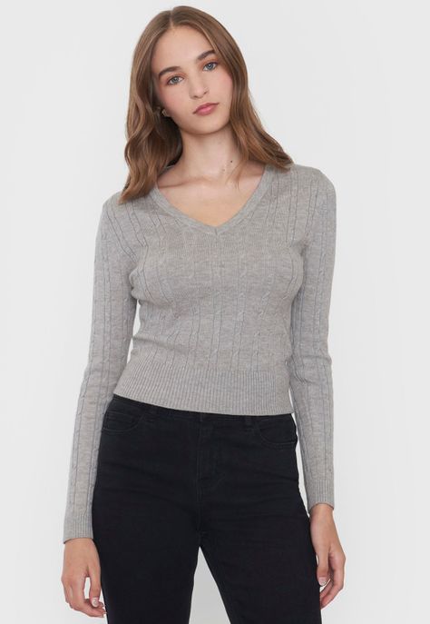 Sweater Mujer Cuello V Slim Gris Melange Corona-0