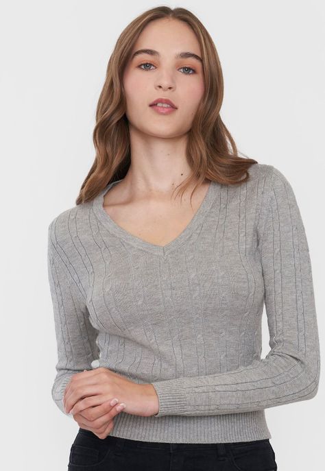 Sweater Mujer Cuello V Slim Gris Melange Corona-2