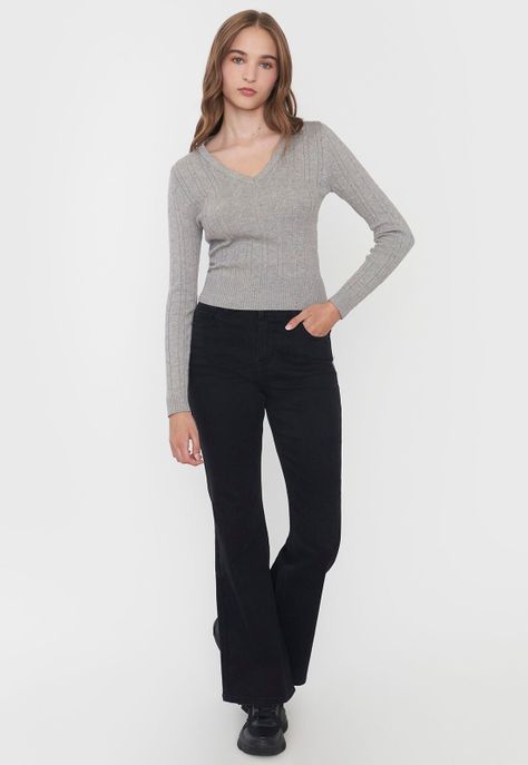 Sweater Mujer Cuello V Slim Gris Melange Corona-3