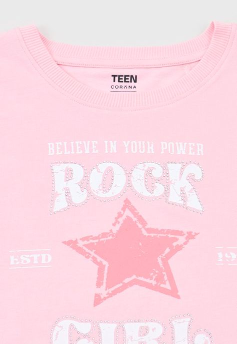 Polera Niña Teen M/C Print Strass Rosado Corona-2