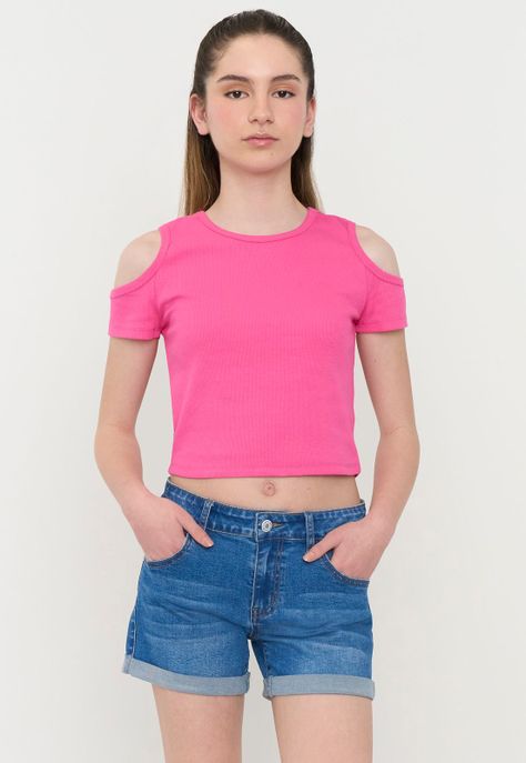 Polera Niña Teen Manga Corta Rib Fucsia Corona-0