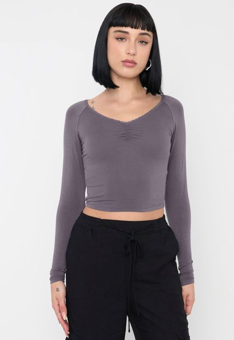 Polera Mujer Manga Larga Cuello V Gris Corona-0