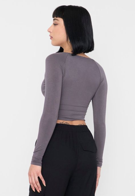 Polera Mujer Manga Larga Cuello V Gris Corona-1