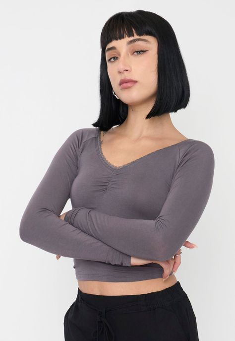 Polera Mujer Manga Larga Cuello V Gris Corona-2